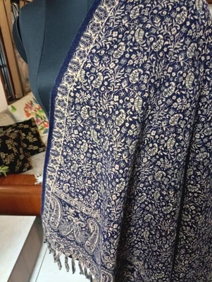 NAVY yak wool Yoga jamavar shawl  Reversible  Throw kullu meditation Blanket - Image 1 of 4