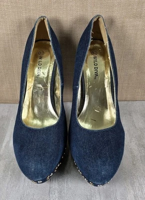 Wild Diva 蓝色牛仔钉厚底细高跟鞋女式 8.5 码波西米亚舞者 — 第 1/4 张图片