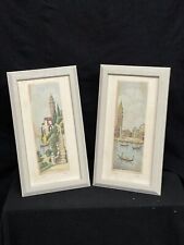 Vintage Two Color Set of Pencil Drawings of Two Cities in Italy 10 x 3 1/2
