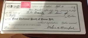 Vintage First National Bank Of Snow Hill Check Stamp, 1900 - Bild 1 von 2