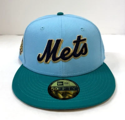 New York Mets MLB NE Cooperstown 50th Anniv. Side Patch Fitted Hat ~Blue/Gold - Image 1 of 4