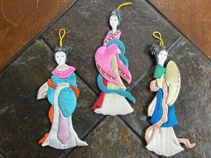 3 Vintage Silk & Paper Flat Geisha Ornaments 6'" Tall - Picture 1 of 9