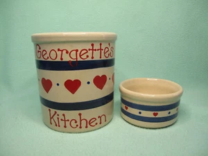 VTG RRP Co Roseville Pottery Ohio Crock~ 1 qt.~ Small Jar~Red Hearts~Blue Stripe - Picture 1 of 16