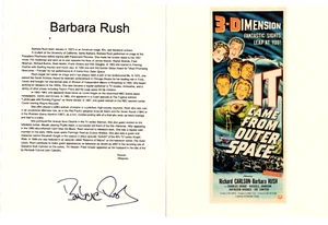 BARBARA RUSH IT CAME FROM OUTER SPACE ORIGINAL SIGNATURE & BIO + REPRO AD - Picture 1 of 1