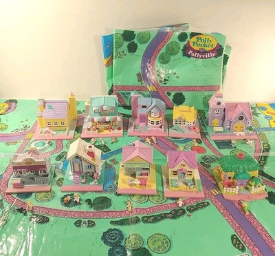 Huge Vintage Polly Pocket Vintage Pollyville Lot Mats 10 Buildings + Dolls READ - Image 1 of 4