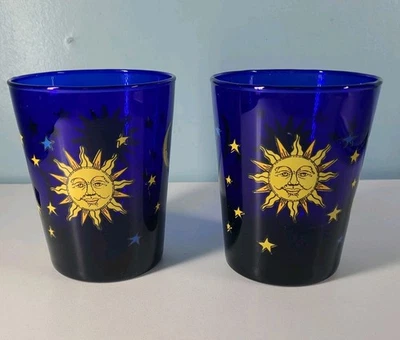 2 Libbey Celestial Sun Moon Stars Drinking Old Fashioned Glasses Cobalt Blue - Image 1 of 4