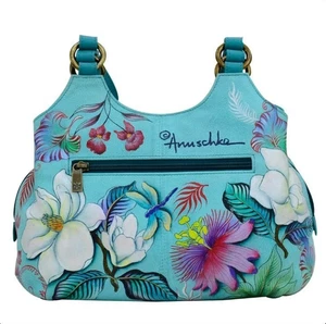 Bolso de hombro Anuschka de cuero pintado a mano azul jardín para mujer #469 - Imagen 1 de 11