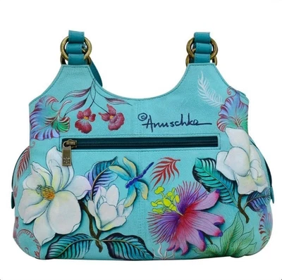 Bolsa de ombro feminina Anuschka de couro pintada à mão Jardin azul #469 - Imagem 1 de 4