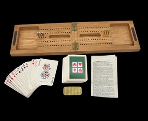 Vtg Cribbage Board Set Wood Hinged Travel Portable Cards Metal Peg Rules Storage - Picture 1 of 11