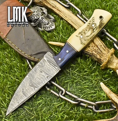 LMK Forged Skinner Knife Twist Damascus ScrimShaw Bone Wooden Bolster Gift - Image 1 of 4