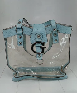 Y2K Vintage Guess Clear Transparent See Thru Vinly Blue Ostrich Big G Schultertasche - Bild 1 von 17