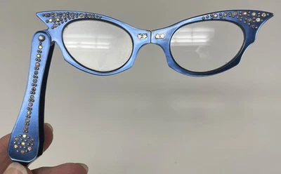 Vtg 50’s Lucite MCM Rhinestone Cat Eye Folding Glasses Opera Lorgnette Blue - Image 1 of 4