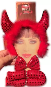 RED DEVIL DRESS UP KIT Sequin Bow Tie Tail Ears Horns Headband Mask Set Adult - Picture 1 of 2