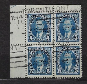 CANADA Scott O235- UL CORNER BLK of 4- 5¢ BLUE OHMS Perfin SIDE WAY - Picture 1 of 1