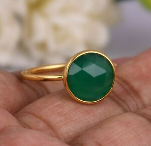 Faceted green onyx gemstone rings 18k gold plated simple round shape ring