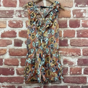 BCBGMaxAzria Shorts Romper Womens Medium Floral Abstract Silky Ruffle Zip Front - Picture 1 of 8