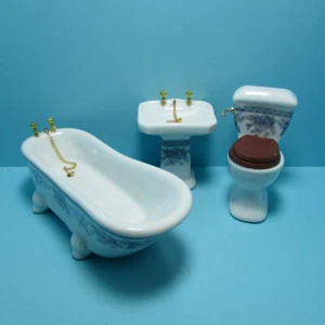 Dollhouse Miniature Bathroom Porcelain 3 Pc Set Blue Floral Design T5372 - Picture 1 of 5