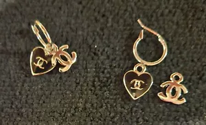 Black Enamel heart & silver cc logo earrings Silver Finish - Picture 1 of 5