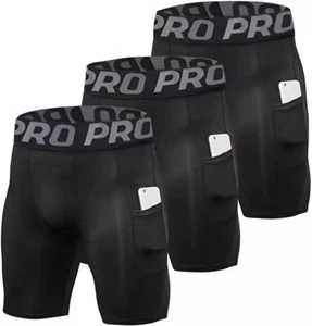 YUSHOW 3 Pack Mens Compression Shorts Cool Dry Running Short with Phone Pocket - Picture 1 of 8