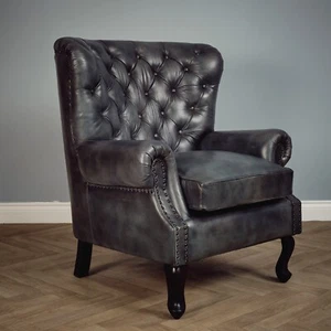 100% Real Leather High Back Wing Accent Arm Chair Queen Anne Tan Brown Grey - Picture 1 of 22