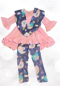 Floral Bird Print Leggings & Ruffle Tunic Top 3-Piece Girl Set - 2T/3T and 5/6 - Picture 1 of 8