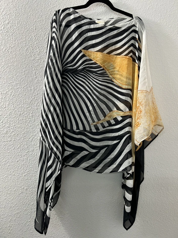 GOTTEX шелк черный белая полоса коричневый птица шарф надежном саронг один размер богемное пляж - Изображение 1 из 4