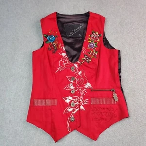 Ed Hardy by Christian Audigier Women's Vest Small Red Black Tattoo Embroidered - Picture 1 of 13