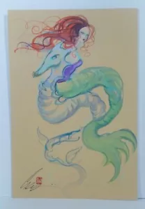 Original MERMAID Pin-Up ART "Catch A Ride On Seahorse" TERRY CRAMOLINI 10" x 15" - Picture 1 of 5