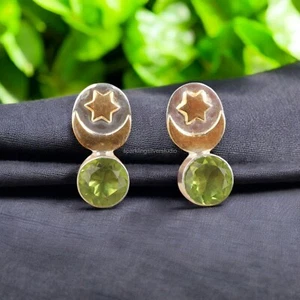 Natural Peridot Sterling Silver Bezel Artisan Wedding Stud Post Sister Earrings - Picture 1 of 7