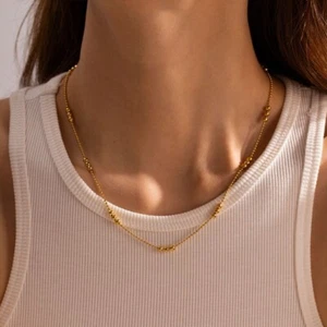 Fashion Woman 18K Gold Plated Stainless Steel Beaded Chain Necklace 18.7'' - Picture 1 of 5