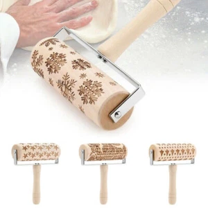 ሠChristmas Wooden Embossed Rolling Pin Biscuit Roller Baking Cookies Cake ToolsЪ - Picture 1 of 18