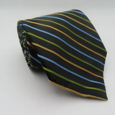 Claiborne Tie Silk Black Green Yellow Striped 4" Wide 58" Long - Image 1 of 4