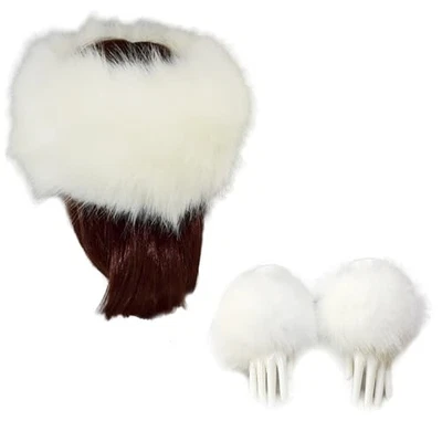 Conjunto de diadema y puños de muñeca de piel sintética para mujer, mullido cosaco de moda grande blanco Foto 1 de 4