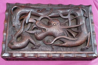 Vintage Chinese Hand Carved Dragon Wooden Box with Hinged Lid, Lock & Key - Image 1 of 4