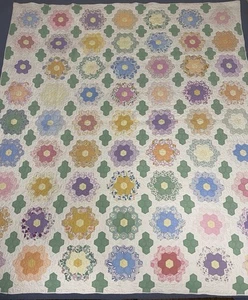 Antique Handmade Hand Quilted Grandmother’s Flower Garden Quilt 1930s 74”x64” - Picture 1 of 24