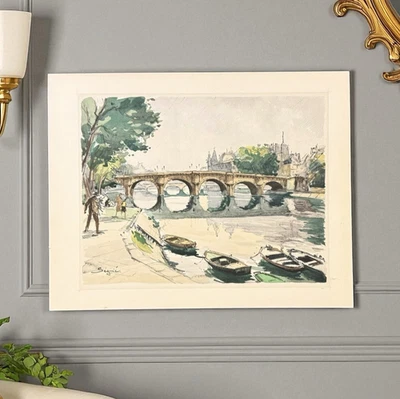Винтажная акварель середины века Pont Neuf Paris 1960-е 12x16 с подписью - Изображение 1 из 4