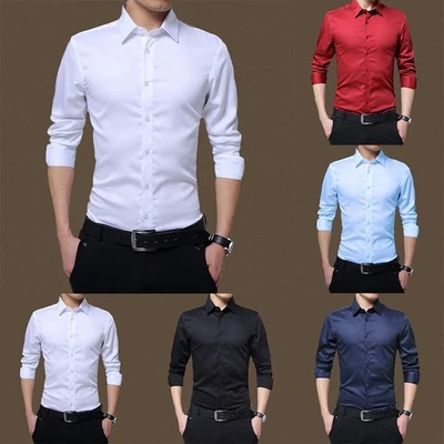 Mens Formal Button Down Long Sleeve Slim Fit Dress Shirt Business Tops - Image 1 of 4