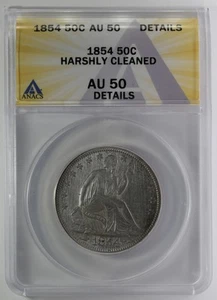 1854 Seated Liberty Half Dollar ANACS AU50 Details - Harshly Cleaned (B2261) - Picture 1 of 4