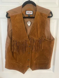 Women Large Minnetonka Genuine Leather Vest Gold Brown Suede Fringe Cowgirl NWT - Picture 1 of 5