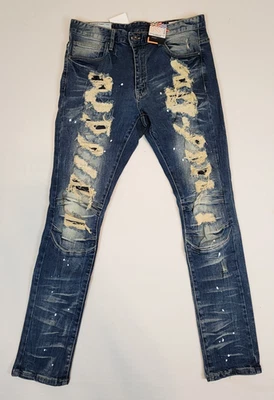 Pantalones de mezclilla Smoke Rise para hombre 36x32 azules ajustados cónicos moto elásticos desgastados Foto 1 de 4