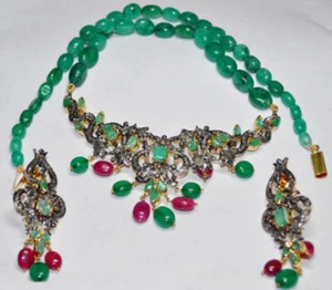 UNCUT PAVE ROSE CUT DIAMOND 5.12ct SILVER EMERALD RUBY WEDDING WEAR NECKLACE SET - Picture 1 of 2