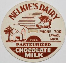 Vintage milk bottle cap NELKIES DAIRY Chocolate Milk cow and farm Tawas Michigan
