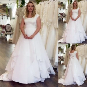 Short Sleeves Wedding Dresses with Bow White Ivory Chiffon Ruffles Bridal Gowns - Picture 1 of 12