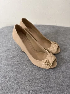 Tory Burch Beige Leather Leila Peep Toe Wedge Pumps Size 36.5 Eu,6.5 US - Picture 1 of 12