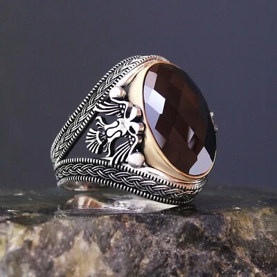 Anillo de águila de doble cabeza con patrón de tejido de circonitas de plata de ley 925 para hombre Foto 1 de 4