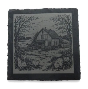 Coasters FARM Scene Stone Set Of 6 Square Slate Engraved House and Animals - Picture 1 of 10