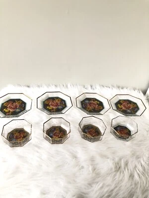 MACKENZIE CHILDS Octagonal 4 Glass Bowls  And 4 Salad Plates Garland Floral Vtg - Image 1 of 4