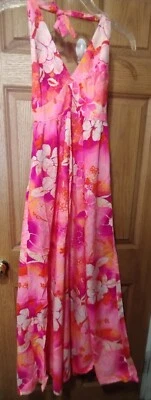 Vintage Hukilau Fashions Womens S/M Pink Floral Hawaiian Slit Back Maxi Dress - Image 1 of 4