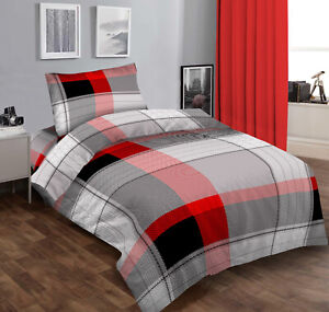 Red and Black Single Bed Check Duvet Cover Fitted Sheet 3 Pcs Set Checked