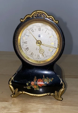 Painted Black W/ Flowers Clock Music Box, Not Working, W Symbol, Germany Cover